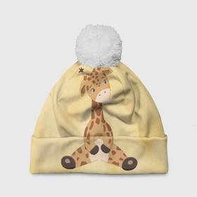 Шапка 3D c помпоном с принтом Малыш жираф в Тюмени, 100% полиэстер | универсальный размер, печать по всей поверхности изделия | Тематика изображения на принте: 