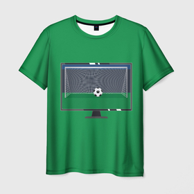 Мужская футболка 3D с принтом Футбольный мяч и ворота на экране монитора в Санкт-Петербурге, 100% полиэфир | прямой крой, круглый вырез горловины, длина до линии бедер | 