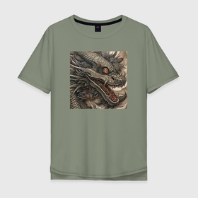 Мужская футболка хлопок Oversize с принтом Дракон в стиле Irezumi , 100% хлопок | свободный крой, круглый ворот, “спинка” длиннее передней части | Тематика изображения на принте: 