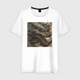 Мужская футболка хлопок с принтом Дракон в стиле Irezumi , 100% хлопок | прямой крой, круглый вырез горловины, длина до линии бедер, слегка спущенное плечо. | Тематика изображения на принте: 
