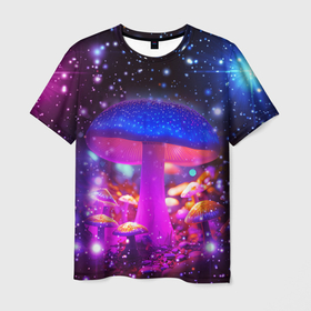 Мужская футболка 3D с принтом Звезды и неоновые светящиеся грибы , 100% полиэфир | прямой крой, круглый вырез горловины, длина до линии бедер | Тематика изображения на принте: 