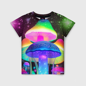 Детская футболка 3D с принтом Волшебные светящиеся грибы и звезды в Белгороде, 100% гипоаллергенный полиэфир | прямой крой, круглый вырез горловины, длина до линии бедер, чуть спущенное плечо, ткань немного тянется | Тематика изображения на принте: 
