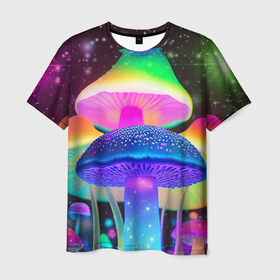 Мужская футболка 3D с принтом Волшебные светящиеся грибы и звезды в Санкт-Петербурге, 100% полиэфир | прямой крой, круглый вырез горловины, длина до линии бедер | Тематика изображения на принте: 