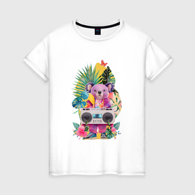 Женская футболка хлопок с принтом Розовая коала с бумбоксом и тропическими листьями в Тюмени, 100% хлопок | прямой крой, круглый вырез горловины, длина до линии бедер, слегка спущенное плечо | 