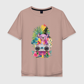 Мужская футболка хлопок Oversize с принтом Розовая коала с бумбоксом и тропическими листьями в Петрозаводске, 100% хлопок | свободный крой, круглый ворот, “спинка” длиннее передней части | 