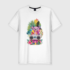 Мужская футболка хлопок Slim с принтом Розовая коала с бумбоксом и тропическими листьями в Кировске, 92% хлопок, 8% лайкра | приталенный силуэт, круглый вырез ворота, длина до линии бедра, короткий рукав | 