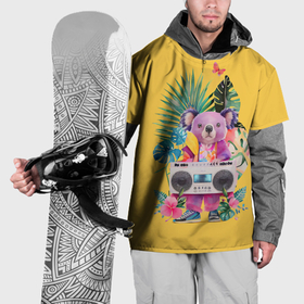 Накидка на куртку 3D с принтом Крутая розовая коала с бумбоксом и тропическими листьями в Петрозаводске, 100% полиэстер |  | Тематика изображения на принте: 