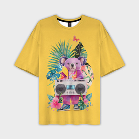 Мужская футболка oversize 3D с принтом Крутая розовая коала с бумбоксом и тропическими листьями в Петрозаводске,  |  | Тематика изображения на принте: 