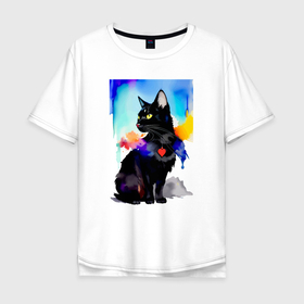 Мужская футболка хлопок Oversize с принтом Чёрная милая кошечка   акварель в Новосибирске, 100% хлопок | свободный крой, круглый ворот, “спинка” длиннее передней части | Тематика изображения на принте: 