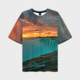 Мужская футболка oversize 3D с принтом Водопад и закат в Санкт-Петербурге,  |  | 