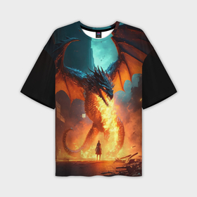 Мужская футболка oversize 3D с принтом Огненный дракон и рыцарь в Новосибирске,  |  | 