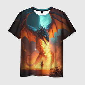 Мужская футболка 3D с принтом Огненный дракон и рыцарь в Новосибирске, 100% полиэфир | прямой крой, круглый вырез горловины, длина до линии бедер | Тематика изображения на принте: 