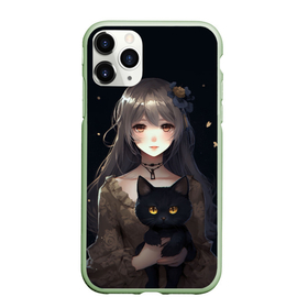 Чехол для iPhone 11 Pro Max матовый с принтом Аниме девушка с черной кошкой , Силикон |  | 