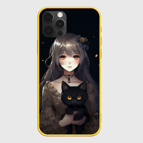 Чехол для iPhone 12 Pro с принтом Аниме девушка с черной кошкой , силикон | область печати: задняя сторона чехла, без боковых панелей | 