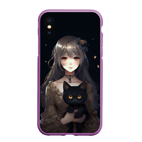 Чехол для iPhone XS Max матовый с принтом Аниме девушка с черной кошкой в Санкт-Петербурге, Силикон | Область печати: задняя сторона чехла, без боковых панелей | 