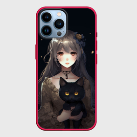 Чехол для iPhone 14 Pro Max с принтом Аниме девушка с черной кошкой в Кировске,  |  | 