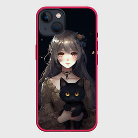 Чехол для iPhone 14 с принтом Аниме девушка с черной кошкой в Кировске,  |  | 