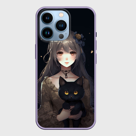Чехол для iPhone 14 Pro с принтом Аниме девушка с черной кошкой в Новосибирске,  |  | Тематика изображения на принте: 