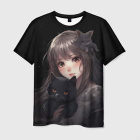 Мужская футболка 3D с принтом Девушка с  черной кошкой в Петрозаводске, 100% полиэфир | прямой крой, круглый вырез горловины, длина до линии бедер | 