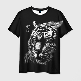 Мужская футболка 3D с принтом Тигр с иероглифом: душевное спокойствие , 100% полиэфир | прямой крой, круглый вырез горловины, длина до линии бедер | Тематика изображения на принте: 
