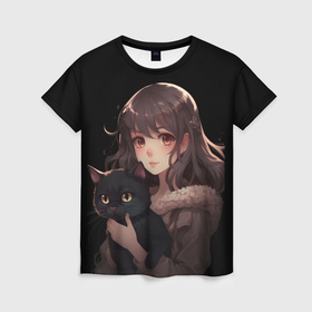 Женская футболка 3D с принтом Девушка  с черным  котенком , 100% полиэфир ( синтетическое хлопкоподобное полотно) | прямой крой, круглый вырез горловины, длина до линии бедер | 