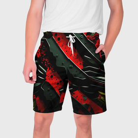 Мужские шорты 3D с принтом черные плашки на красном фоне в Екатеринбурге,  полиэстер 100% | прямой крой, два кармана без застежек по бокам. Мягкая трикотажная резинка на поясе, внутри которой широкие завязки. Длина чуть выше колен | 