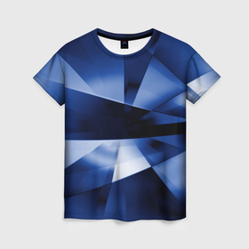 Женская футболка 3D с принтом Синие лучи и отражения в абстракции в Белгороде, 100% полиэфир ( синтетическое хлопкоподобное полотно) | прямой крой, круглый вырез горловины, длина до линии бедер | 