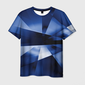 Мужская футболка 3D с принтом Синие лучи и отражения в абстракции в Белгороде, 100% полиэфир | прямой крой, круглый вырез горловины, длина до линии бедер | 
