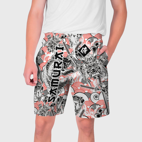 Мужские шорты 3D с принтом Самурай татуировки в Тюмени,  полиэстер 100% | прямой крой, два кармана без застежек по бокам. Мягкая трикотажная резинка на поясе, внутри которой широкие завязки. Длина чуть выше колен | 