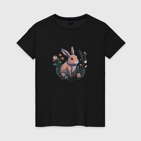Женская футболка хлопок с принтом Кролик в траве в Екатеринбурге, 100% хлопок | прямой крой, круглый вырез горловины, длина до линии бедер, слегка спущенное плечо | 