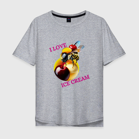 Мужская футболка хлопок Oversize с принтом Пчелка на мороженке в Тюмени, 100% хлопок | свободный крой, круглый ворот, “спинка” длиннее передней части | 