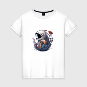 Женская футболка хлопок с принтом Астронавт и цветы в Курске, 100% хлопок | прямой крой, круглый вырез горловины, длина до линии бедер, слегка спущенное плечо | 