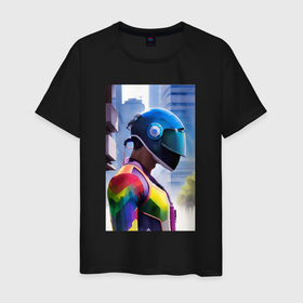 Мужская футболка хлопок с принтом Парень в стиле киберпанк в Екатеринбурге, 100% хлопок | прямой крой, круглый вырез горловины, длина до линии бедер, слегка спущенное плечо. | 