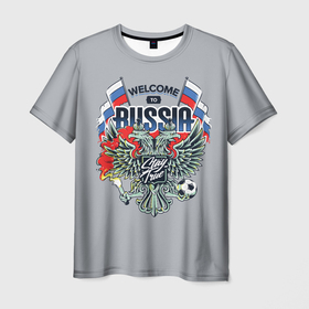 Мужская футболка 3D с принтом Welcome to Russia   футбол в Курске, 100% полиэфир | прямой крой, круглый вырез горловины, длина до линии бедер | 