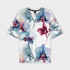 Мужская футболка oversize 3D с принтом Голубая орхидея акварель   паттерн в Курске,  |  | Тематика изображения на принте: 