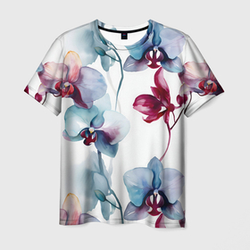 Мужская футболка 3D с принтом Голубая орхидея акварель   паттерн в Курске, 100% полиэфир | прямой крой, круглый вырез горловины, длина до линии бедер | Тематика изображения на принте: 