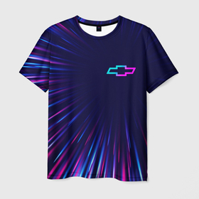 Мужская футболка 3D с принтом Chevrolet neon speed lines в Екатеринбурге, 100% полиэфир | прямой крой, круглый вырез горловины, длина до линии бедер | Тематика изображения на принте: 