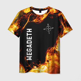 Мужская футболка 3D с принтом Megadeth и пылающий огонь , 100% полиэфир | прямой крой, круглый вырез горловины, длина до линии бедер | 
