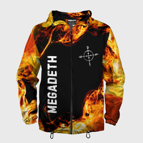 Мужская ветровка 3D с принтом Megadeth и пылающий огонь в Белгороде, 100% полиэстер | подол и капюшон оформлены резинкой с фиксаторами, два кармана без застежек по бокам, один потайной карман на груди | 