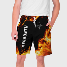 Мужские шорты 3D с принтом Megadeth и пылающий огонь в Санкт-Петербурге,  полиэстер 100% | прямой крой, два кармана без застежек по бокам. Мягкая трикотажная резинка на поясе, внутри которой широкие завязки. Длина чуть выше колен | 
