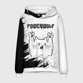 Мужская толстовка 3D с принтом Powerwolf рок кот на светлом фоне в Екатеринбурге, 100% полиэстер | двухслойный капюшон со шнурком для регулировки, мягкие манжеты на рукавах и по низу толстовки, спереди карман-кенгуру с мягким внутренним слоем. | 