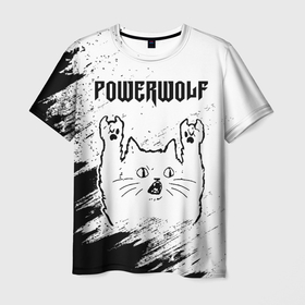 Мужская футболка 3D с принтом Powerwolf рок кот на светлом фоне в Кировске, 100% полиэфир | прямой крой, круглый вырез горловины, длина до линии бедер | 
