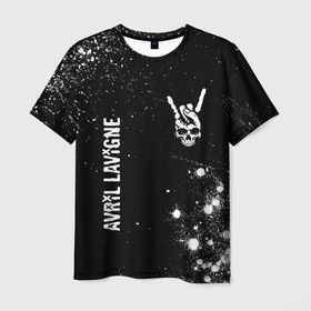 Мужская футболка 3D с принтом Avril Lavigne и рок символ на темном фоне в Екатеринбурге, 100% полиэфир | прямой крой, круглый вырез горловины, длина до линии бедер | 