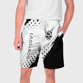 Мужские шорты 3D с принтом Bon Jovi и рок символ на светлом фоне в Екатеринбурге,  полиэстер 100% | прямой крой, два кармана без застежек по бокам. Мягкая трикотажная резинка на поясе, внутри которой широкие завязки. Длина чуть выше колен | 