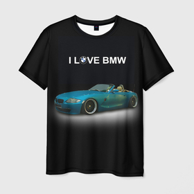 Мужская футболка 3D с принтом Я люблю BMW кабриолет Z4 2004 года в Петрозаводске, 100% полиэфир | прямой крой, круглый вырез горловины, длина до линии бедер | 