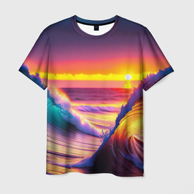 Мужская футболка 3D с принтом Волны на закате в Новосибирске, 100% полиэфир | прямой крой, круглый вырез горловины, длина до линии бедер | Тематика изображения на принте: 