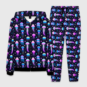 Мужской костюм 3D с принтом Разноцветные медузы морские в Екатеринбурге, 100% полиэстер | Манжеты и пояс оформлены тканевой резинкой, двухслойный капюшон со шнурком для регулировки, карманы спереди | 