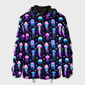 Мужская куртка 3D с принтом Разноцветные медузы морские в Екатеринбурге, ткань верха — 100% полиэстер, подклад — флис | прямой крой, подол и капюшон оформлены резинкой с фиксаторами, два кармана без застежек по бокам, один большой потайной карман на груди. Карман на груди застегивается на липучку | 