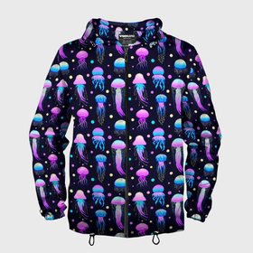 Мужская ветровка 3D с принтом Разноцветные медузы морские в Екатеринбурге, 100% полиэстер | подол и капюшон оформлены резинкой с фиксаторами, два кармана без застежек по бокам, один потайной карман на груди | 