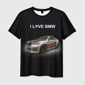 Мужская футболка 3D с принтом Я люблю BMW кроссовер X6 2007 года в Курске, 100% полиэфир | прямой крой, круглый вырез горловины, длина до линии бедер | 